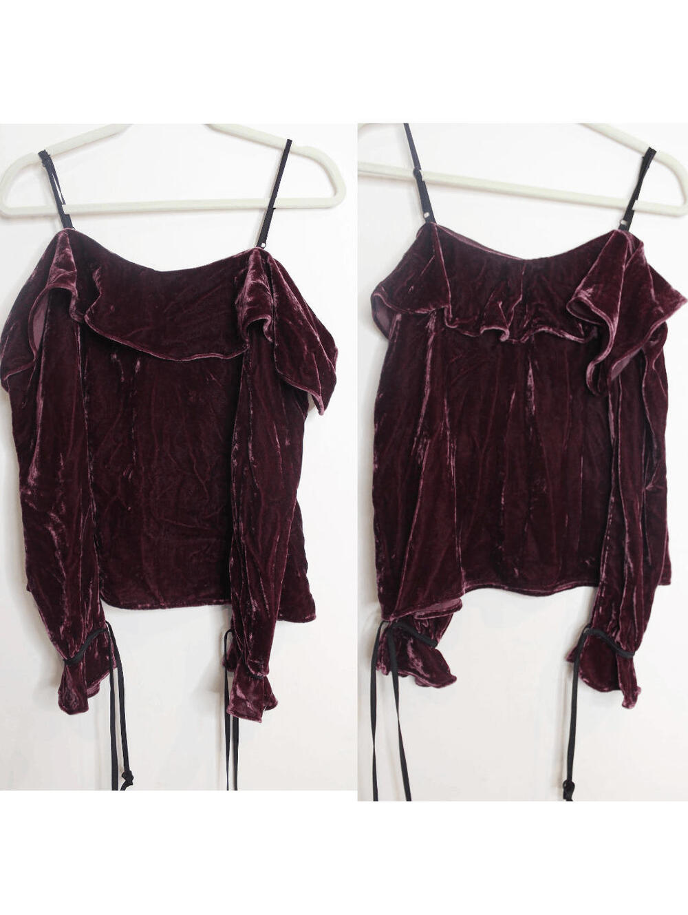WAYF Velvet Merlot Off Shoulder Long Sleeve Ruffle Vamp Top - Small
